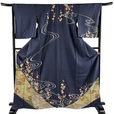 Japanese Silk Houmongi Kimono M 167cm Bluish purple Flower circle pattern 023040
