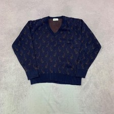 Vintage Knitted Jumper abstract patterned v-neck grandad knit sweater Men's L