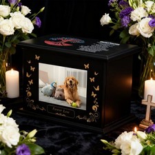 Pet Memorial Ashes Pet Urn with Photo Frame Cremation Wooden Butterfly Engraved