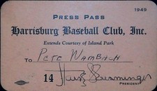 Harrisburg Baseball Club Press Pass Senators Island Park Pete Wambach Auto 1949
