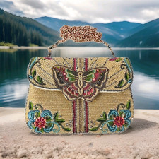 NWOT- Mary Frances Beaded Flap Over Crossbody Butterfly Floral Champagne Evening