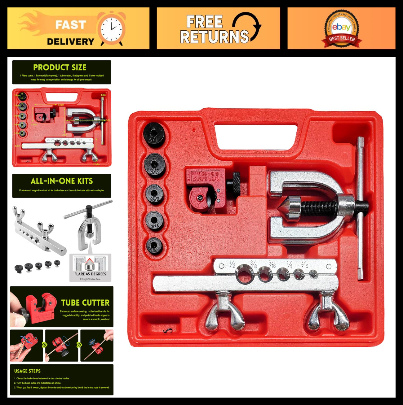 Double & Single Flaring Tool Kit - 45° Flaring Tool, Tube Cutter & Adapters for