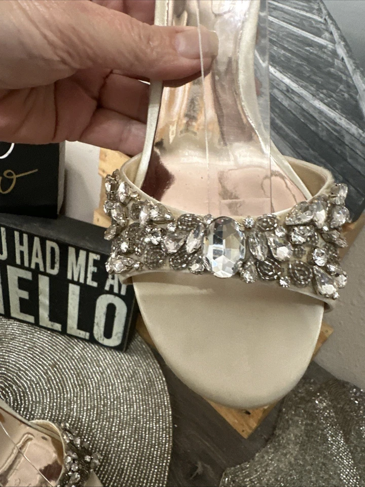 Badgley Mischka Champagne Satin Rhinestone Ankle Strap Heels  7.5 PreOwned-Read - Image 4 of 4