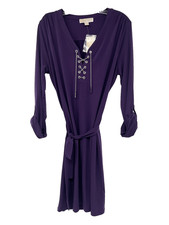 MICHAEL KORS Womens Sz L Purple Chain Detail Roll-Tab Sleeve Waist-Tie Dress NWT