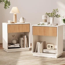 Fluted Nightstands Set of 2 Modern Bedside Table with Drawer and Storage Shel...