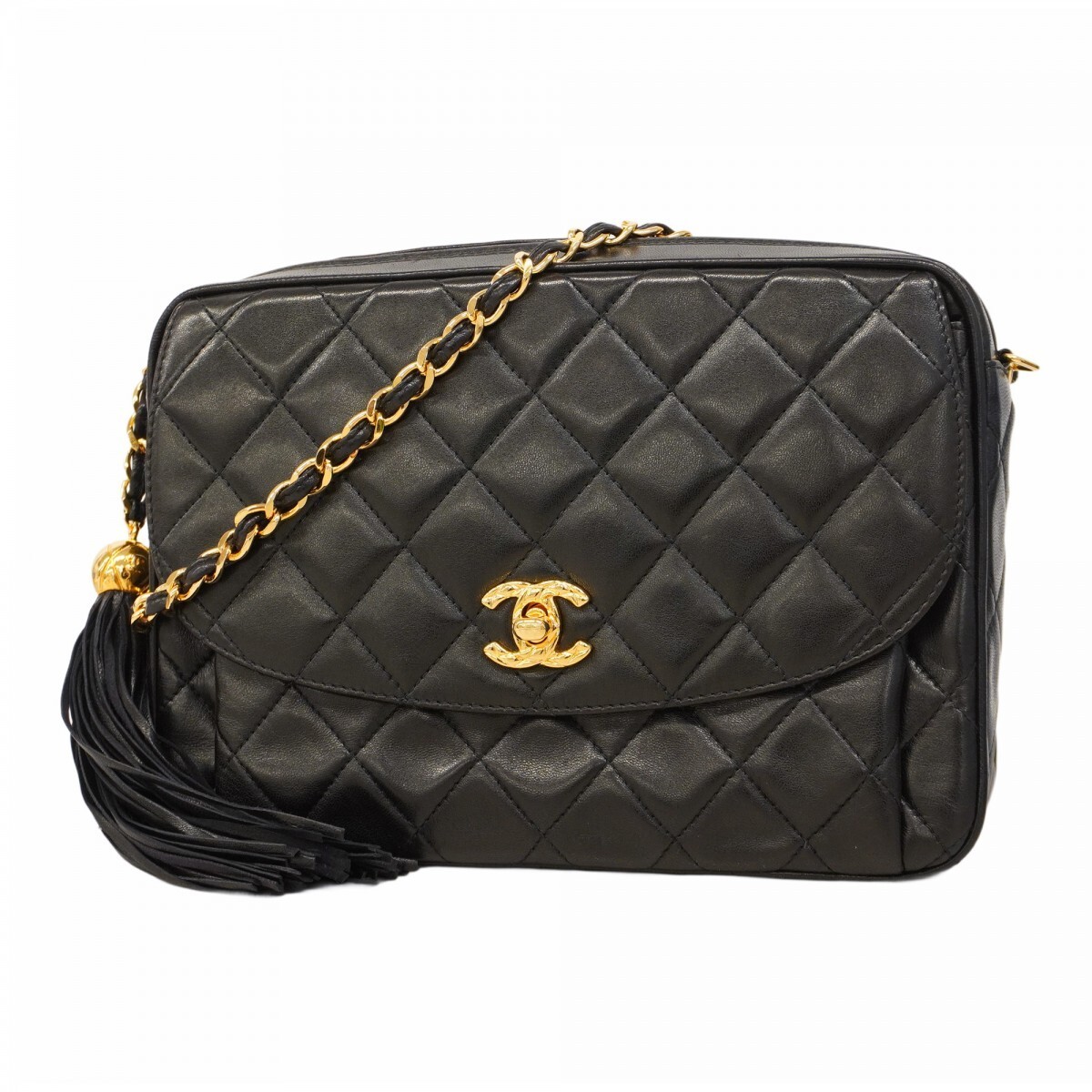 CHANEL Black Gold Lambskin Matelassé Fringe Chain Shoulder Bag