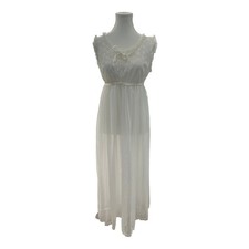 Vintage White Lace Trimmed Maxi Nightgown Sheer Overlay Ribbon MADE IN USA 50's