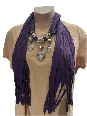 Silk Blend Purple Scarf Pendant Necklace Silver Hearts Fashion Statement