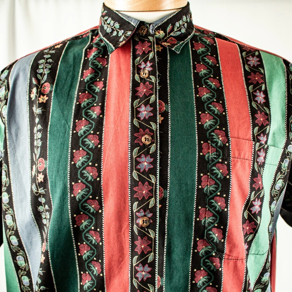 ESPIRIT Vintage Black Red Green Floral Striped Men Short Sleeve Shirt Size M - Image 2 of 4