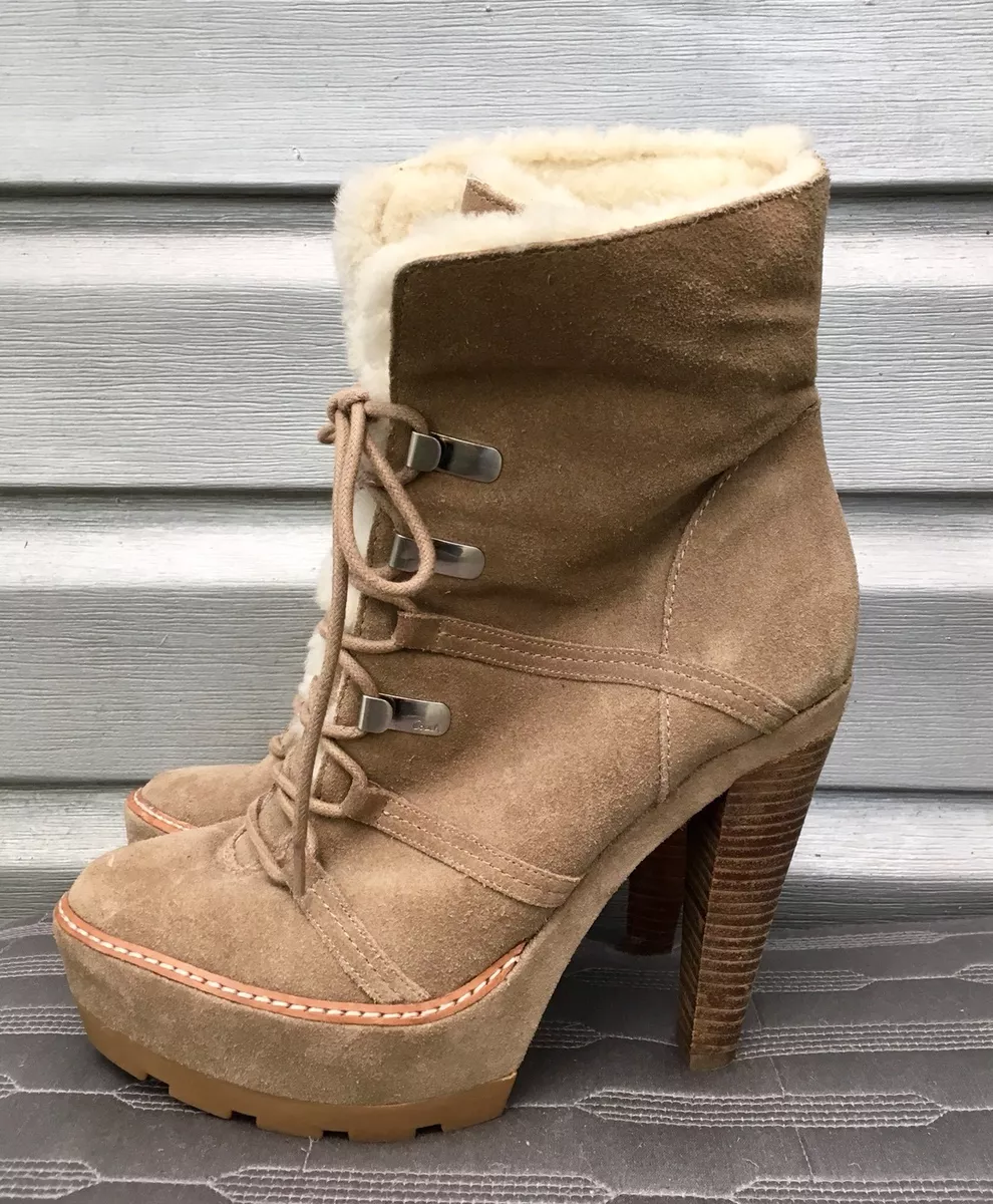 COACH Sydney Suede Lace Up Shearling Ankle Bootie Heels