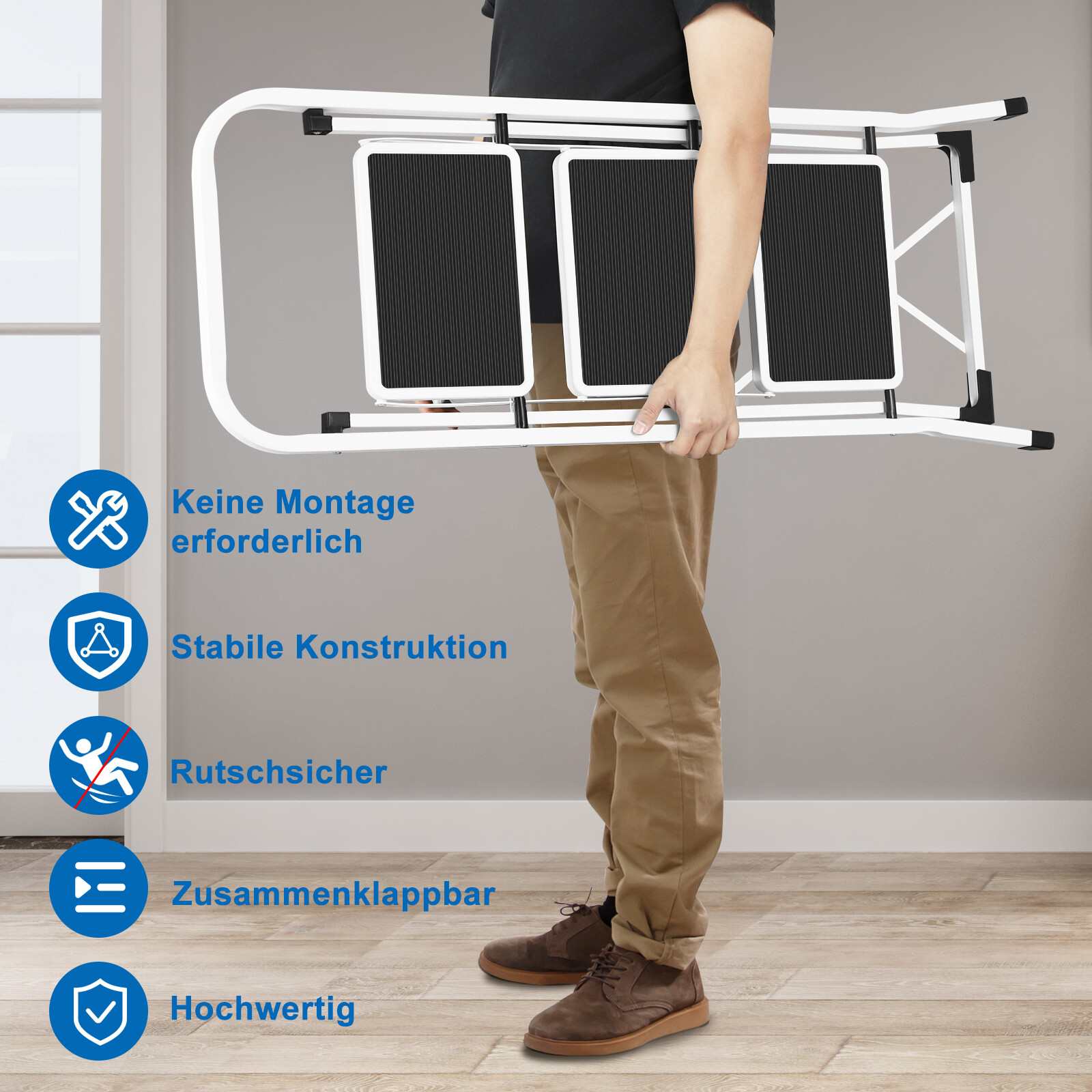 Klappleiter 3 Stufen - Stabile Trittleiter Bis 150kg Mit Anti-Rutsch