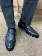 Handmade Leather Blue Moccasins Shoes, Slip On Business Shoes, Dress Loafer Shoe