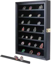 Military Challenge Coin Display Case Lockable Wood Cabinet Rack Holder Black Sha