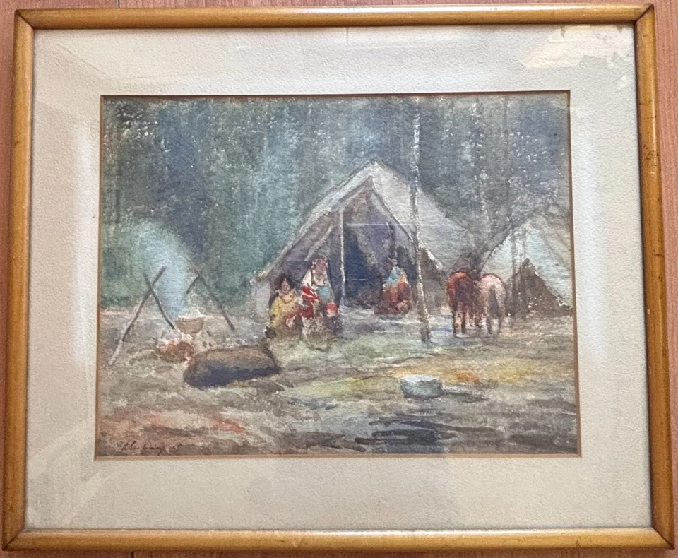 Escena de campamento nativo americano acuarela original de Lionel Lin Serebrin Foto 2 de 4