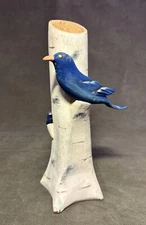 Rare Andre Bourgault Carved Wood Sculpture Folk Art  Blue Birds Birch Tree