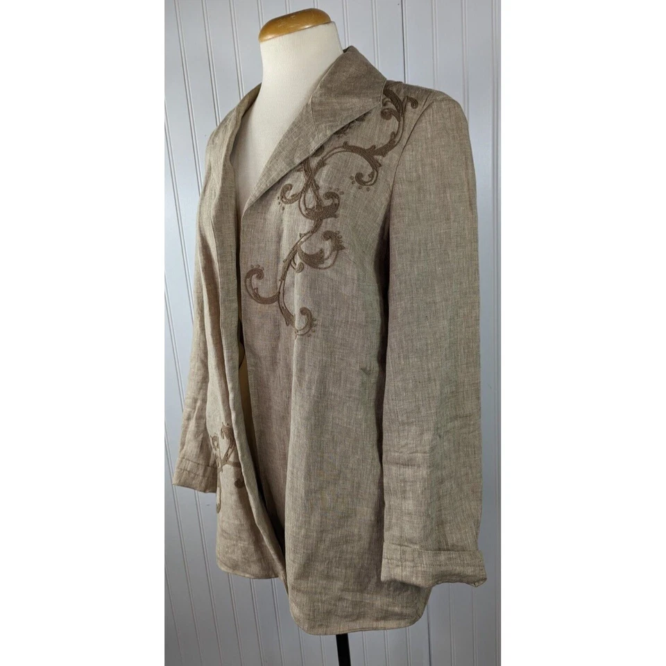 Chaqueta Cárdigan Coldwater Creek Mujer Lino Beige Bordado Ventilado Boho Talla 4 Foto 4 de 4
