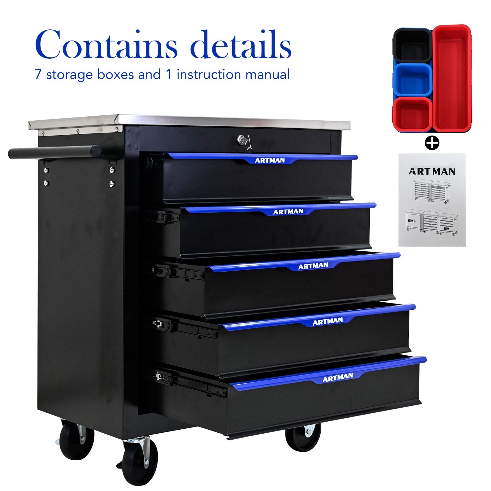 Lockable 5 Drawers Rolling Tool Box Cart Tool Chest Storage Cabinet Wheels Metal