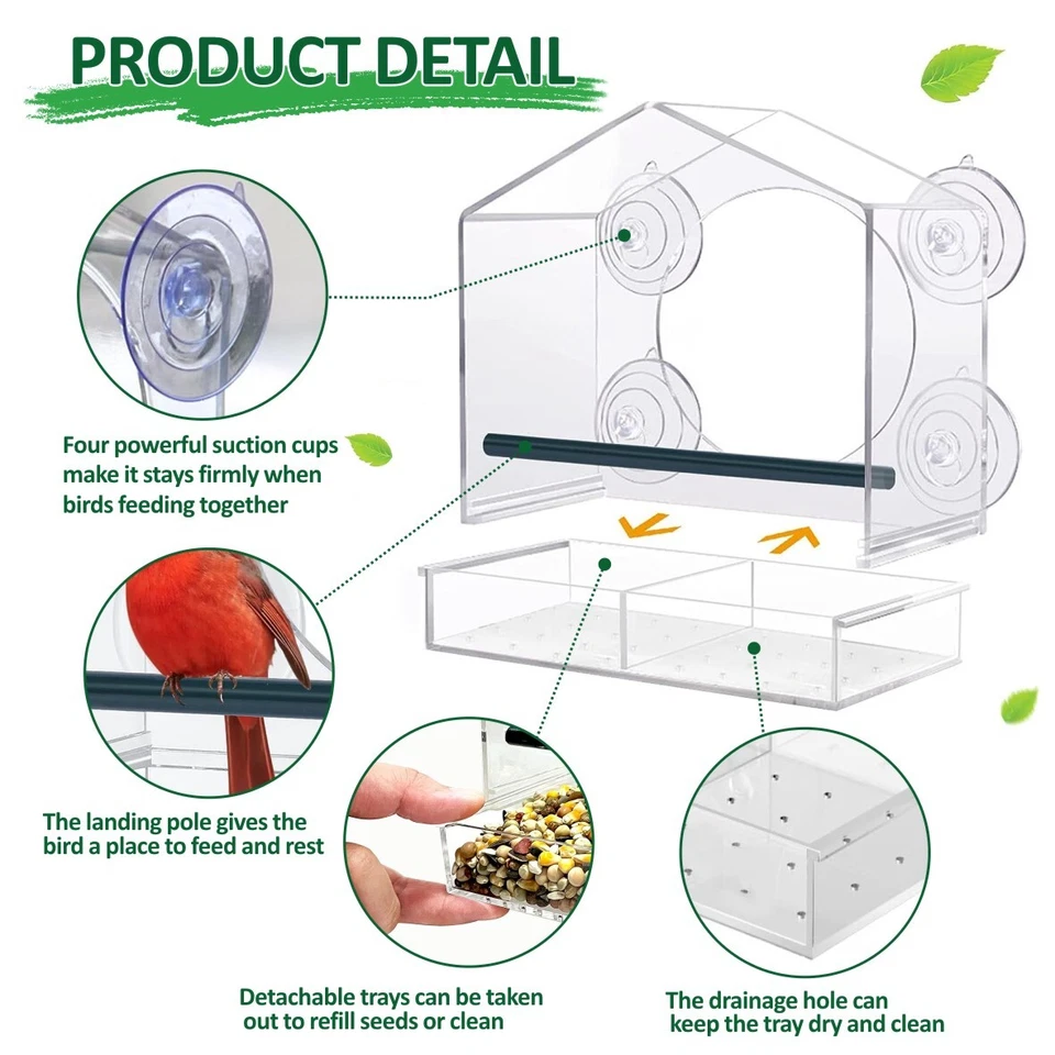 Clear Window Bird Feeder For Outdoors Mounted Strong Suction Cups Large Trays - Image 4 of 4