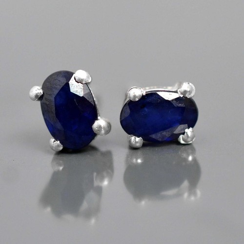 Blauer Saphir Oval Edelstein Ohrstecker 925 Sterling Silber Handarbeit Ohrringe - Bild 2 von 5