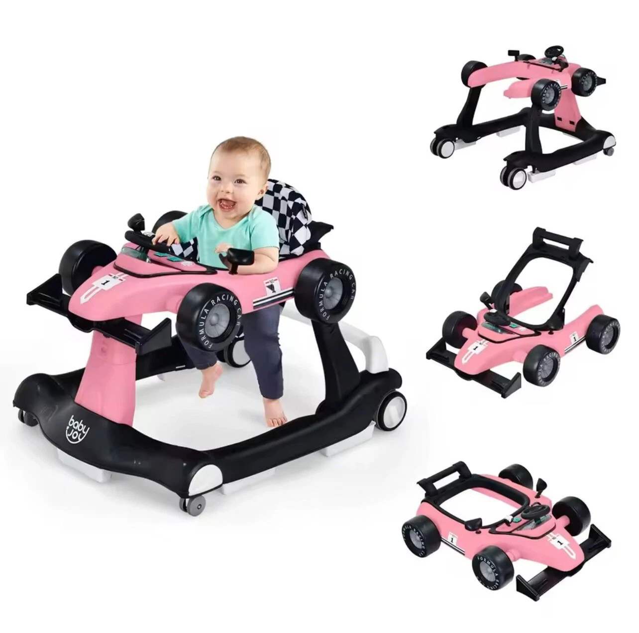 4-in-1 Baby Walker Foldable Push Walker with Adjustable Height & Speed - Pink