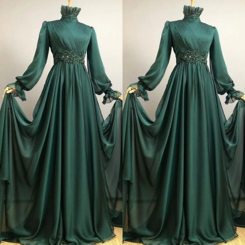 Green Gothic Wedding Dresses Chiffon Long Sleeves High Neck A Line Bridal Gowns