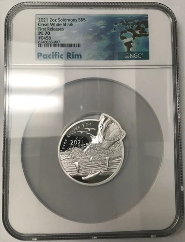 2021 Solomon Islands Proof-Like $5 Great White Shark 2oz .9999 Silver NGC PL70