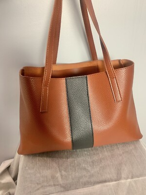 Vince Camuto Brown Black Stripe Pebbled Vegan Leather Tote Bag