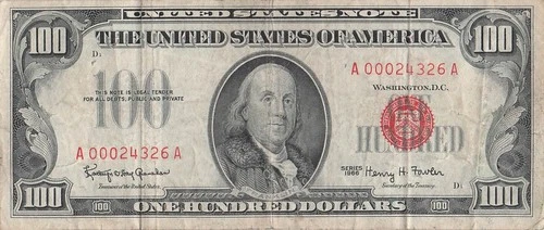 USA   $100   Series of 1966  Red Seal  Block A   Circulated Banknote Me #C