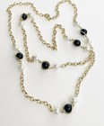 Gold Tone Faux Pearl & Black Bead Station 48" Oval Link Chain Necklace No Clasp — photo 1
