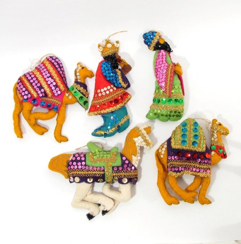 Vintage Lee Wards Felt Sequin Wise Men with Camels Horse Ornament Set Nativity