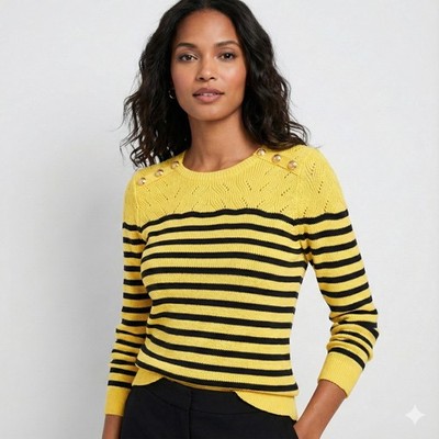 Talbots Petites Yellow Navy Stripe Nautical Knit Sweater Shoulder Detail MP