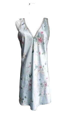 Halston, Abito vestito vintage Halston floreale raso slip blu camicia da notte donna media