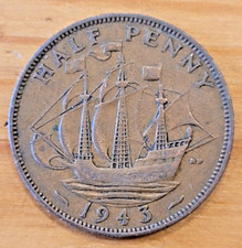 1943 King George VI Half Penny 1/2d coin - F.