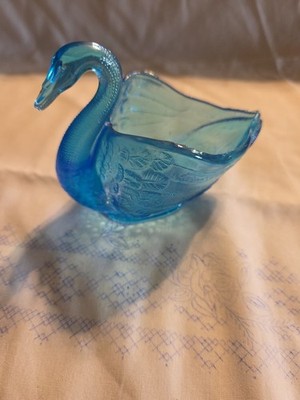 Vintage Dugan Celeste Blue Carnival Glass Swan Salt Dish