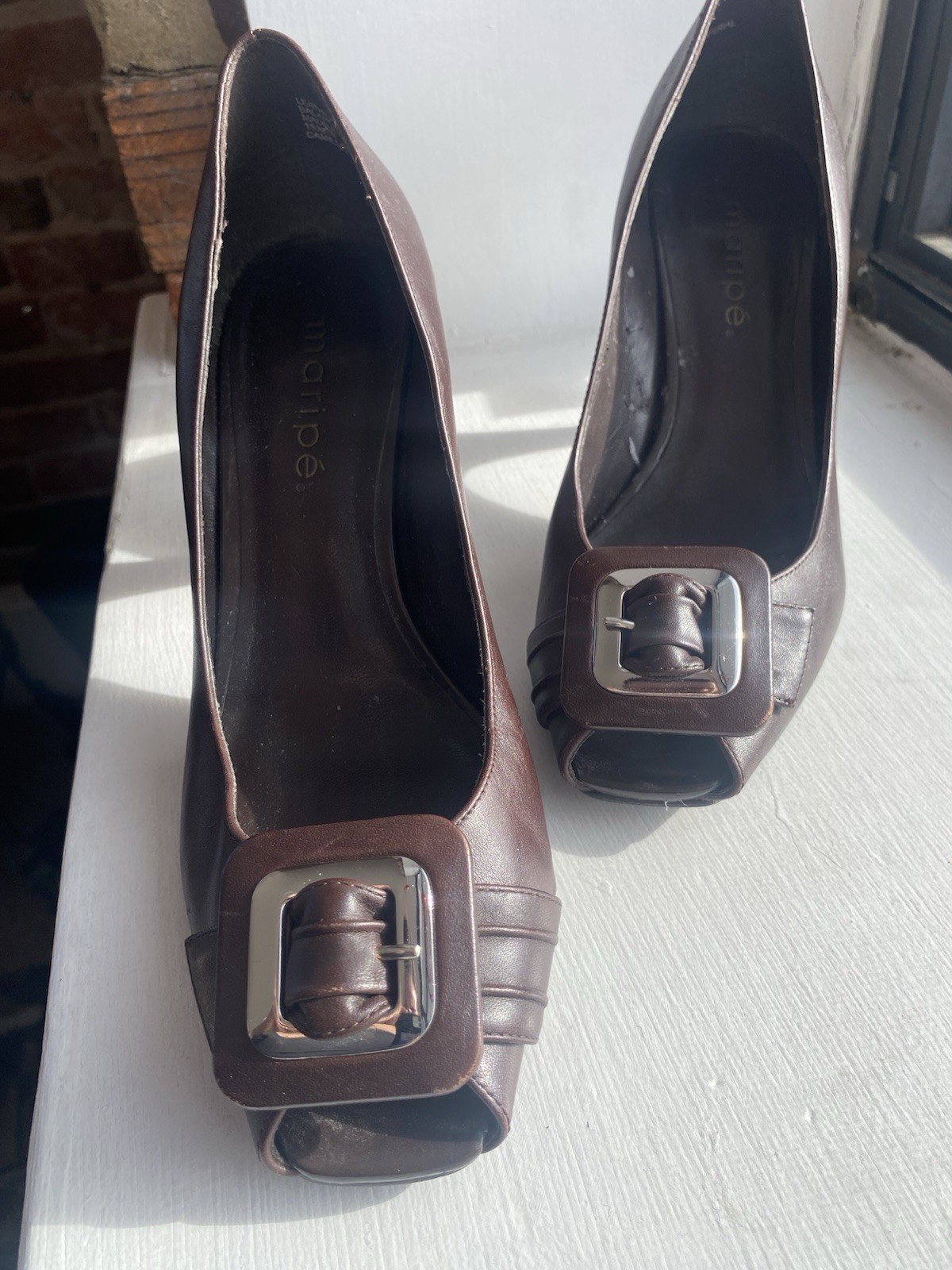 Vintage Maripe Brown Leather Buckle Peep Toe Stiletto Pumps for Women Size 8.5