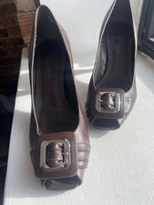 Vintage Maripe Brown Leather Buckle Peep Toe Stiletto Pumps for Women Size 8.5