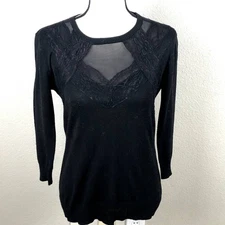 Charming Charlie Shirt Womens Medium Black Knit Sheer Mesh Peek a Boo Versatile