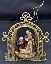 Christmas Nativity Gold Manger Ornament With Mary, Joseph, And Baby Jesus