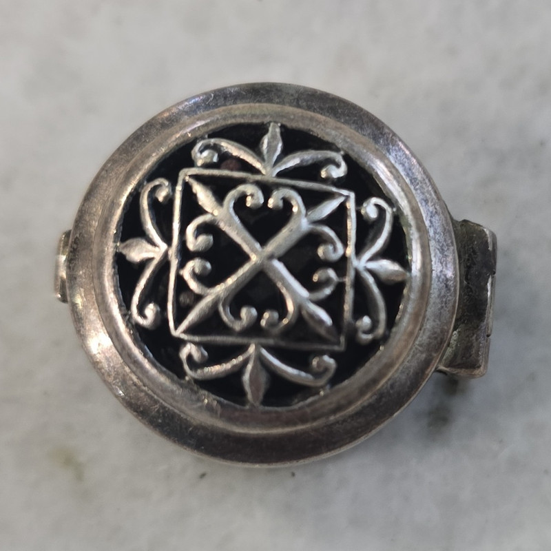 Celtic Design, Round Hinged  Pill Box, Filigree Floral Scroll Lid, Approx. 1 in