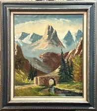 VTG MCM Original European Impasto Style O/C "Rocky Mountain Landscape", Signed!