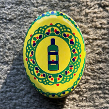 Becherovka ovale Werbe-Blechdose gelb, Flaschenmotiv, 2-tlg. Deckel/Unterteil