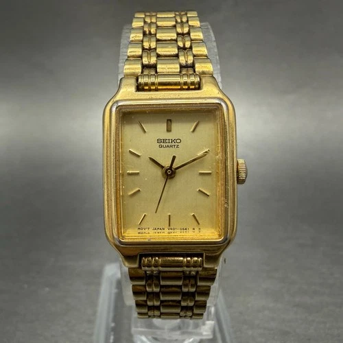 Seiko Tank Watch Women 18mm Champagne Dial Gold Tone Rectangle V401-5129 NewBat6