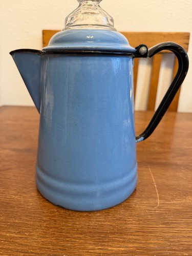 Vintage Blue Enamelware Coffee Pot Glass Finial Lid Farmhouse Primitive Camp Cof - Picture 4 of 8