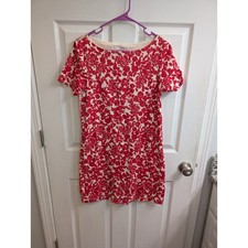 Tory Burch Red Floral Striped Pima Cotton Boat Neck Shift Dress - Size S