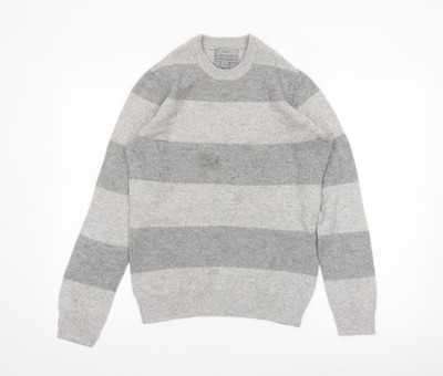 Marks and Spencer Herren Pullover grau gestreift Lammwolle Rundhals XS