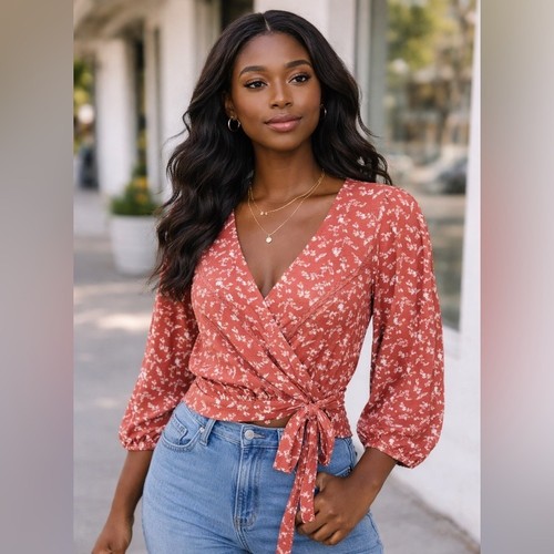 Lucky Brand Floral Wrap Blouse - Rust V-neck color terracota small