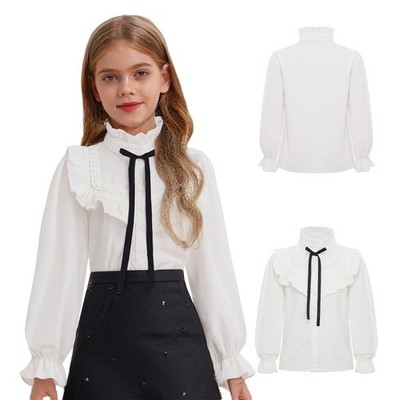 DE Mädchen Langarmbluse Weiß mit Schleife und Knopfleiste Schuluniformhemd Top