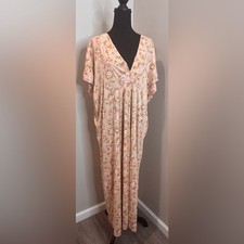 Vintage 1970's Floral Beige Lounge Dress/Nightgown Medium Major Cottagecore