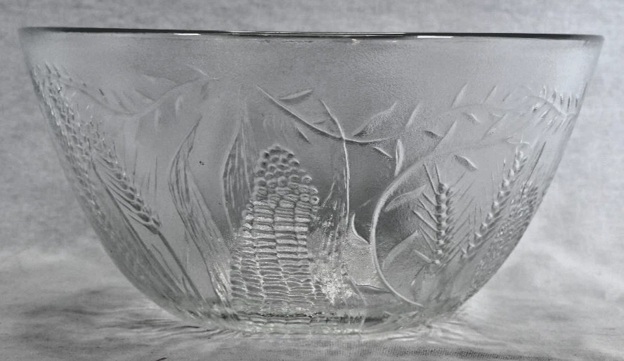 Cuenco de vidrio transparente Duralex vintage de 11" patrón de cosecha de trigo de maíz en relieve Francia Foto 3 de 4