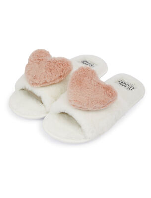 Tokyo Laundry Women's Slippers Heart Faux Fur Open Toe with Faux Fur Lining  UK